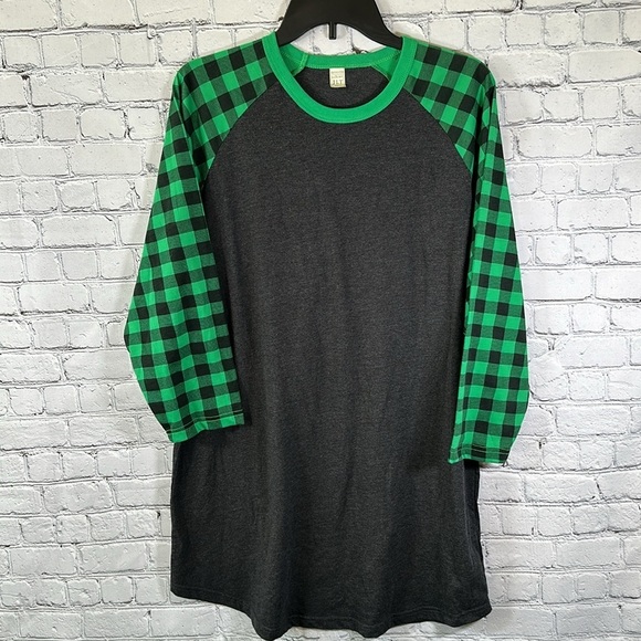 Luxury JLT Baseball Ringer Tee T-Shirt Women 3XL Green Buffalo Check 3/4 Sleeves - Picture 1 of 14